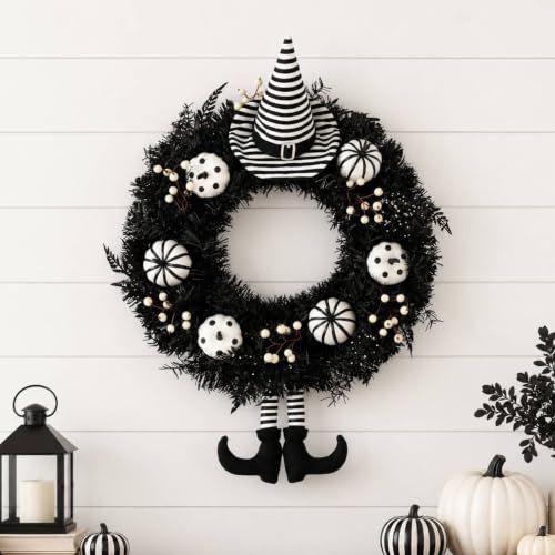 Halloween Wreath with Striped Hat and Legs - 22 Inch Gothic Front Door Decor (Variation: Hat Legs / 22")
