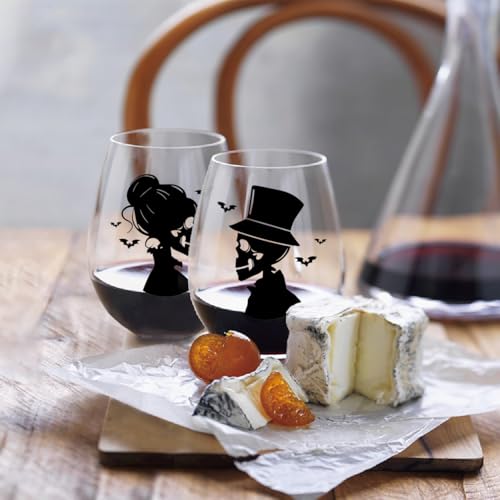 Skull Couple Wine Glasses Set of 2 - Halloween Gothic Gift Box