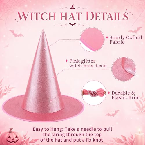Pink Halloween Witch Hat Decorations - 12 Glitter Hanging Witch Hats with Ropes