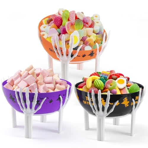 Halloween Candy Bowl Set - 10 Inch Large Plastic Trick or Treat Baskets with Holder - White