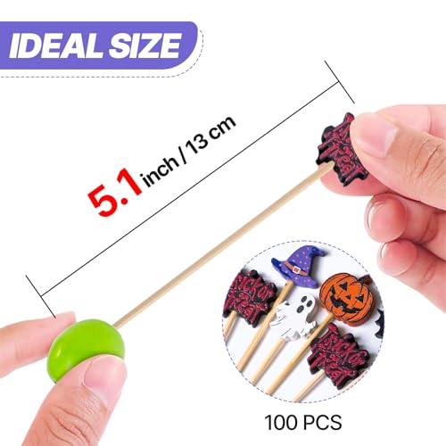 Halloween Cocktail Picks 4.7 Inch - Multicolor 100pcs Bamboo Skewers for Appetizers & Drinks
