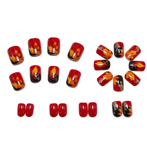 Fall Maple Press On Nails Short Square Glitter Leaves Design - Autumn Nails for Women - 24Pcs