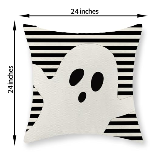 Halloween Pillow Covers 24x24 Set of 2 Ghost Stripe Linen Outdoor Decor - Black & White