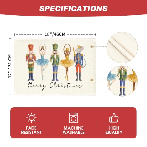 Watercolor Nutcracker Xmas Placemats Set of 4 - Holiday Table Decor 12x18 Inch