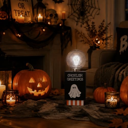 Halloween Indoor Light Up Ghost Sign - Black Halloween Desk Decor with Warm Globe Light