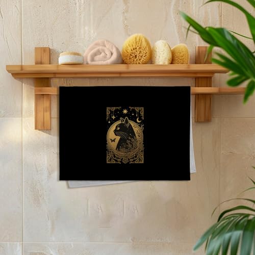 Gothic Tarot Cat Kitchen Towels - Witchy Black Gold Dish Hand Towels - Cat Variation