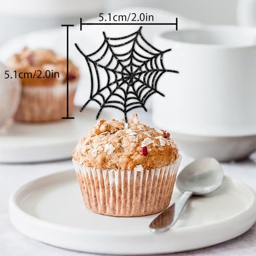 18pcs Black Glitter Halloween Cupcake Toppers for Spider Web Theme Party Decor