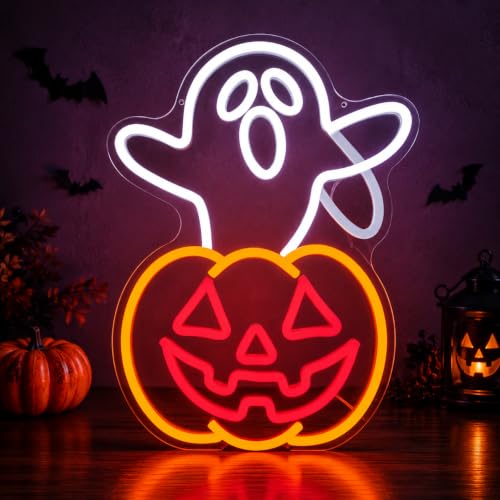 Waving Ghost Neon Sign Halloween LED Light - Spooky Ghost & Pumpkin Decor