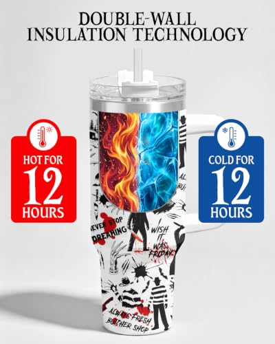 Horror Slasher 40 oz Insulated Tumbler with Handle - Spooky Gift, HorrorPattern