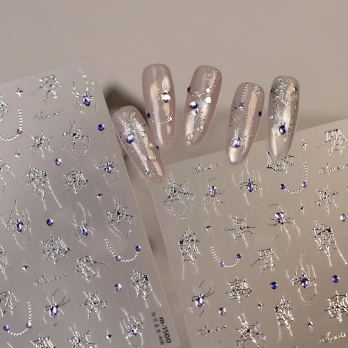 Halloween Silver Spider Nail Stickers 5D Embossed Nail Decals - Design-14