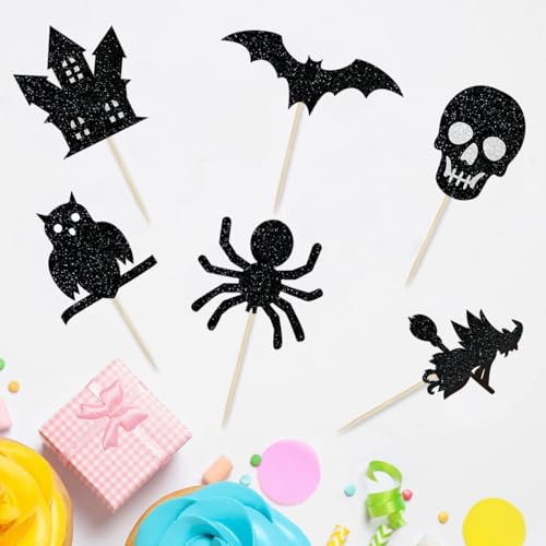 Halloween Cupcake Toppers 36Pcs Spooky Party Decor Bat Skull Ghost Owl