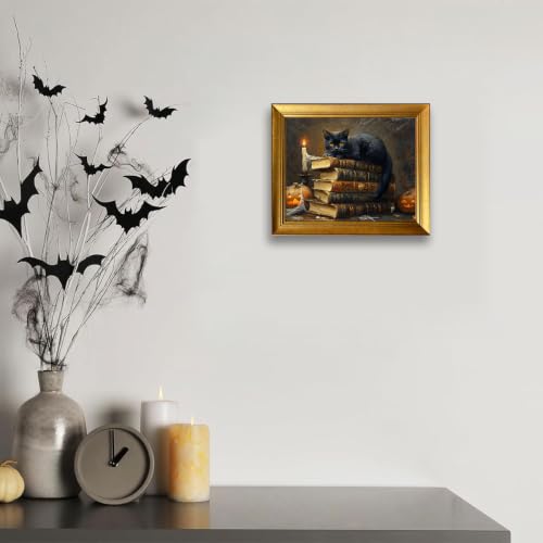 Gongyuanyihao Arts Vintage Halloween Wall Art - Black Cat & Pumpkins Canvas Print, 10x12in Ready to Hang