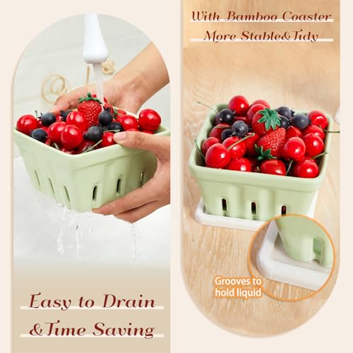 LemonRoad Ceramic Berry Basket with Coaster Lid - Light Green Farmhouse Style