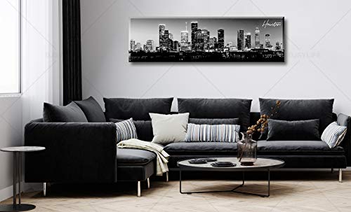 Black & White Houston Skyline Canvas Wall Art 13.8 x 47.3 Inches - Houston2 Variation