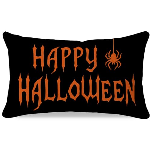 Happy Halloween Throw Pillow Cover 12x20 - Spider Orange & Black - Black Orange Variation