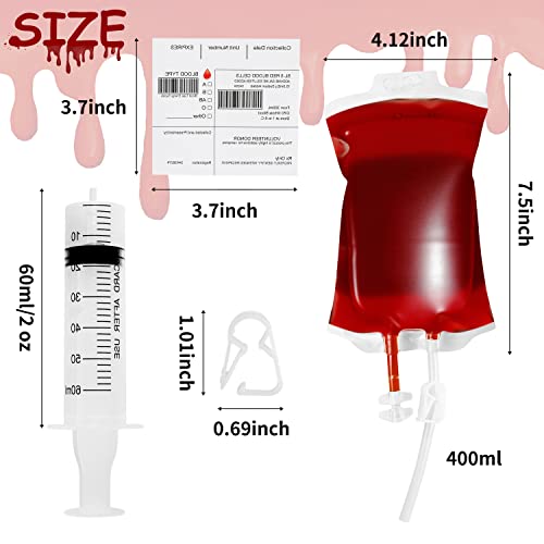 Halloween Blood Bags Drink Set - 100 Bags Labels Clips Syringes, 300ml Reusable Pouches