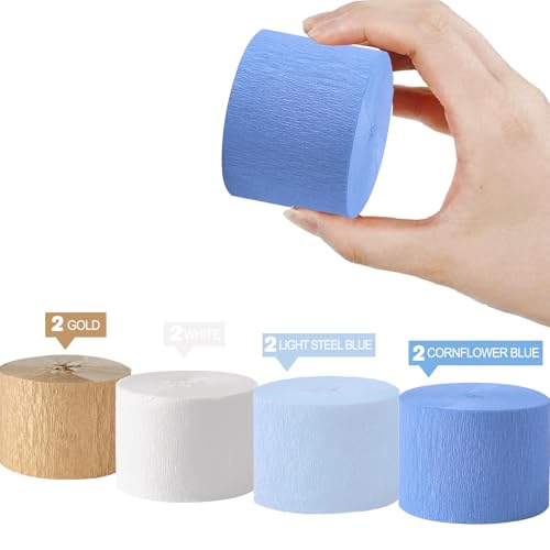 Blue Gold Crepe Paper Streamers Set - 8 Rolls for Party Decorations