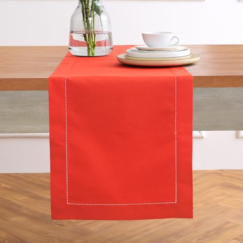 Cotton Linen Dining Table Runner Poppy Red 14 x 90 in - Handcrafted, Hemstitch