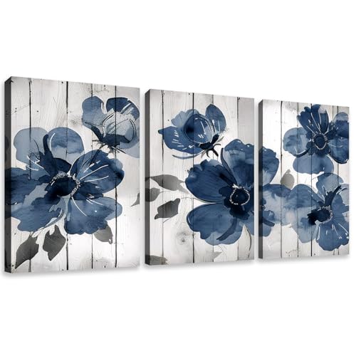 12x16in Navy Blue Wildflower Canvas Wall Art - Boho Floral Poster Set for Living Room & Bedroom