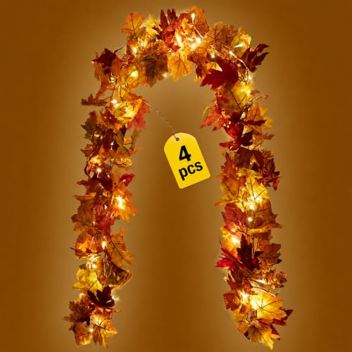 Fall Maple Garland with 80 LED String Lights - 23.2ft 4 Pack Autumn Decor