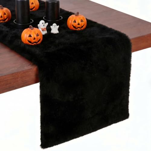 Black Faux Fur Table Runner 48 Inch Long, Fluffy Shaggy Decor - Variation: Black / 11.8 x 47.2 inch