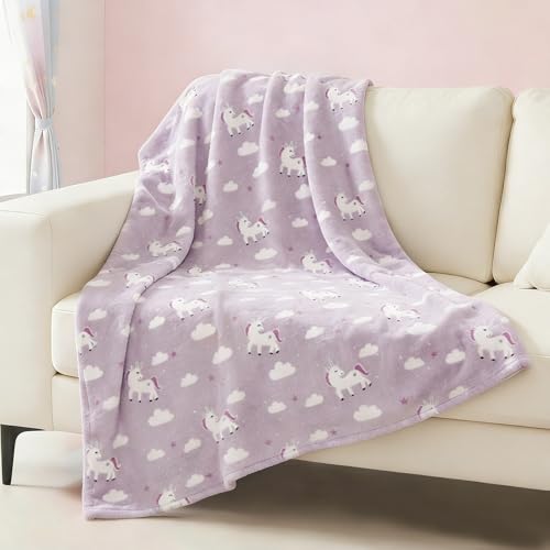 Kids Unicorn Blanket - Light Purple 50x60 Inches Soft Flannel Throw