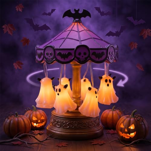 Halloween Ghost Carousel Night Light - Spinning Ghost Lantern Decor - Multicolor Spooky Lamp