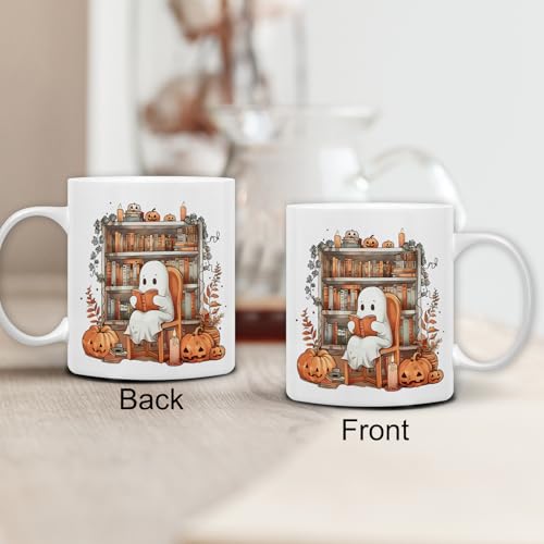 QASHWEY White Halloween Ghost Mug 11oz - Fall Book Lover's Coffee Tea Cup