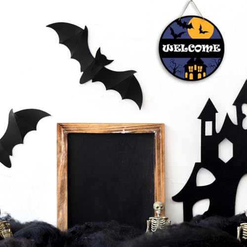 Halloween Welcome Sign - Spooky Night Door Hanger Wooden Decor 8x8 Inches