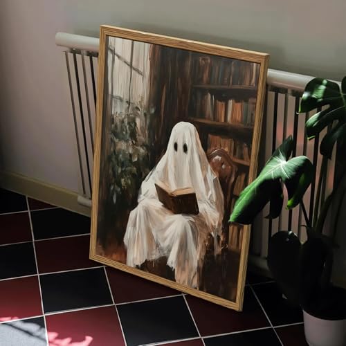 Halloween Ghost Wall Art - Framed Reading Book Canvas, Gothic Moody Library Scene, 24x16 Inches - Variation: Library Ghost