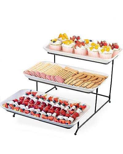 16 Inch 3-Tier Serving Tray Set with Collapsible Stand - Porcelain Platters for Entertaining, White