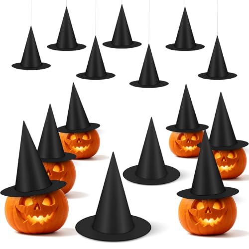 15 Pcs Halloween Black Witch Hats Set with Hanging Rope - Decorative Costume Accessories