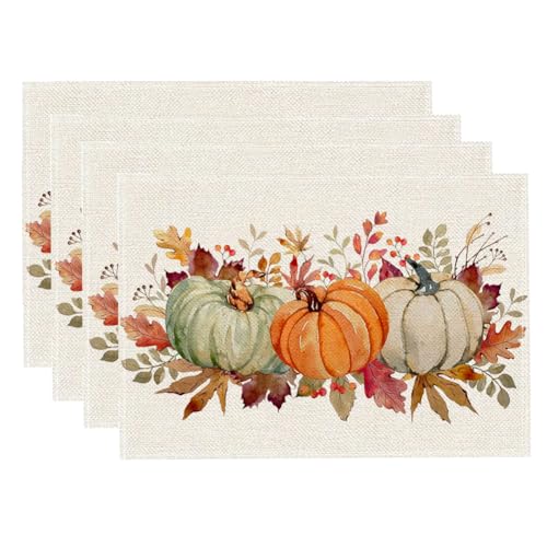 Orange Fall Leaves Pumpkins Placemat Set of 4 - Durable Polyester Table Decor