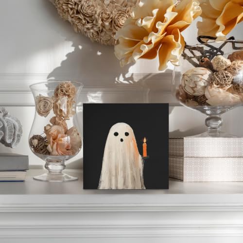 Halloween Ghosts Wooden Box Sign - Fall Thanksgiving Desk Decor, 5x5 Inch, Black Ghosts for Home Office, Variation: Ghost