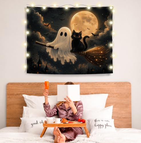 Halloween Ghost Black Cat Tapestry - Night Sky Wall Decor 50x60 - Moonlit Broom Ghost Cat Variant