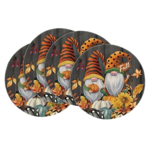 14-Inch Round Fall Pumpkin Gnomes Leaves Placemat Set of 4 - Black Variation