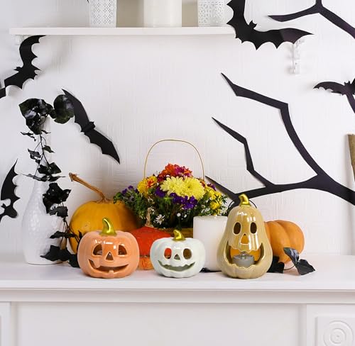 Set of 3 Halloween Ceramic Pumpkin Tea Light Holders Jack O Lantern Decor