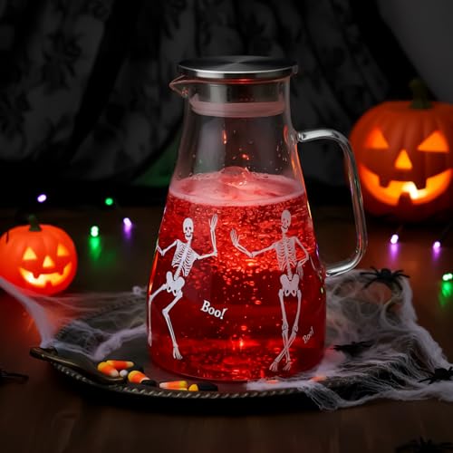 Skeleton Halloween Glass Pitcher with Lid - 74oz Water Jug for Parties