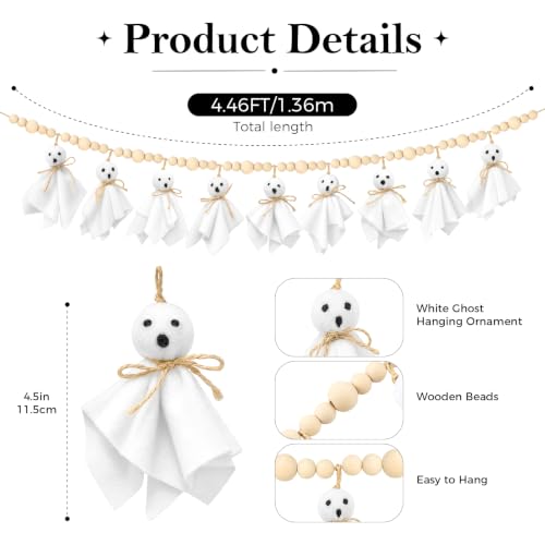 Halloween Ghost Garland with Wooden Beads - Pre-Assembled Indoor Decor 4.5Ft