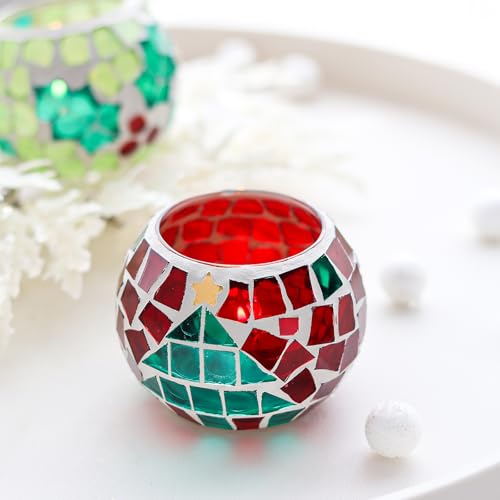 Christmas Mosaic Glass Tealight Candle Holders - Set of 4, Red & Green Holiday Decor