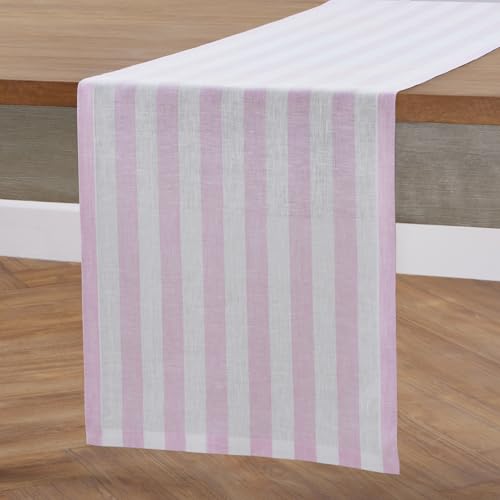 Pure Linen Table Runner 14x36 Inch Pink & White Stripe - Handmade, Eco-Friendly
