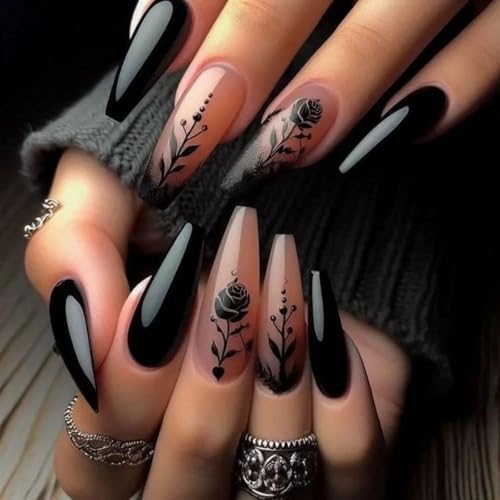 MISUD Long Coffin Press On Nails with Goth Black Rose Design - 24 pcs, Variant 01701-00Black