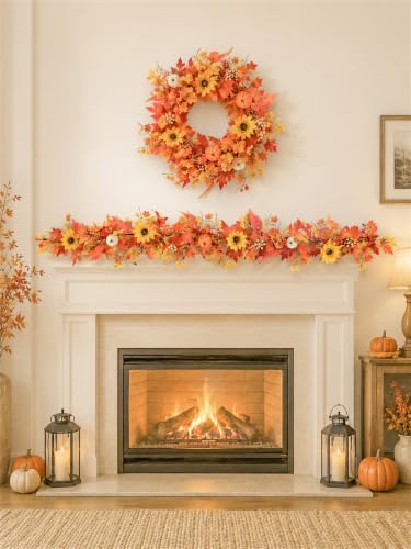 Fall Orange Lighted Garland with Leaves Pumpkins Sunflowers for Mantel - 6 FT