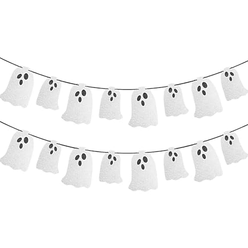Halloween Ghost Banner Set - 2 Pcs Indoor Spooky Hanging Bunting with Glitter Ghosts - Pkg of 2