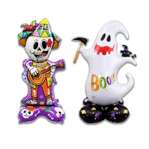 Halloween Standing Ghost and Sugar Skull Foil Balloons Set - Reusable Party Decor
