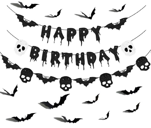 Halloween Birthday Banner with Bat & Skull Decorations - Black Glitter Party Decor