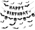 Halloween Birthday Banner with Bat & Skull Decorations - Black Glitter Party Decor