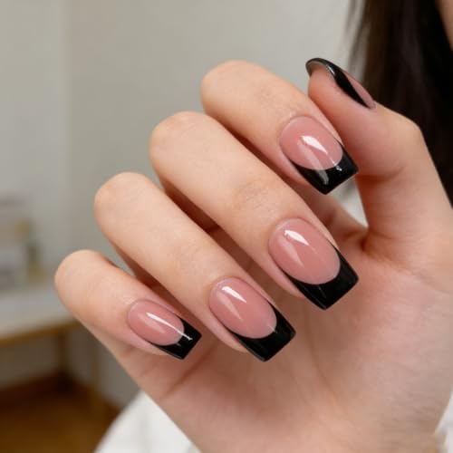 Press On Nails Black French Tip Fake Nails Short Square M / A 2626