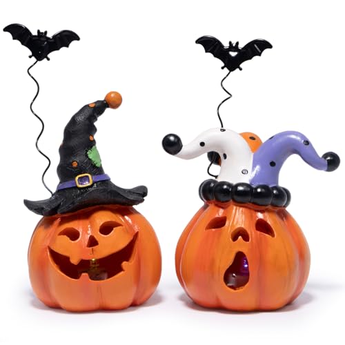 Halloween Pumpkin Decor Set with Light - Resin Jack O Lantern Figurines for Home & Party