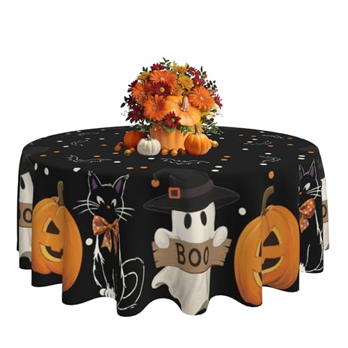 Black Halloween Round Tablecloth 60 Inch Spooky Pumpkin Ghost Cat Design Waterproof